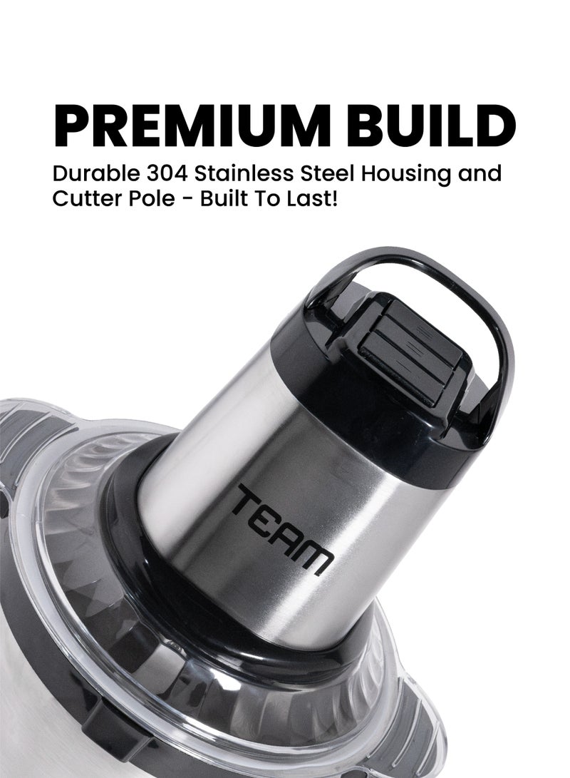 TEAM Multi-Functional Electric Food Processor, 4L Stainless Steel Bowl, 300W Powerful Motor, Meat Grinder & Vegetable Chopper, 3-Speed Control, Anti-Slip Base - Image 4